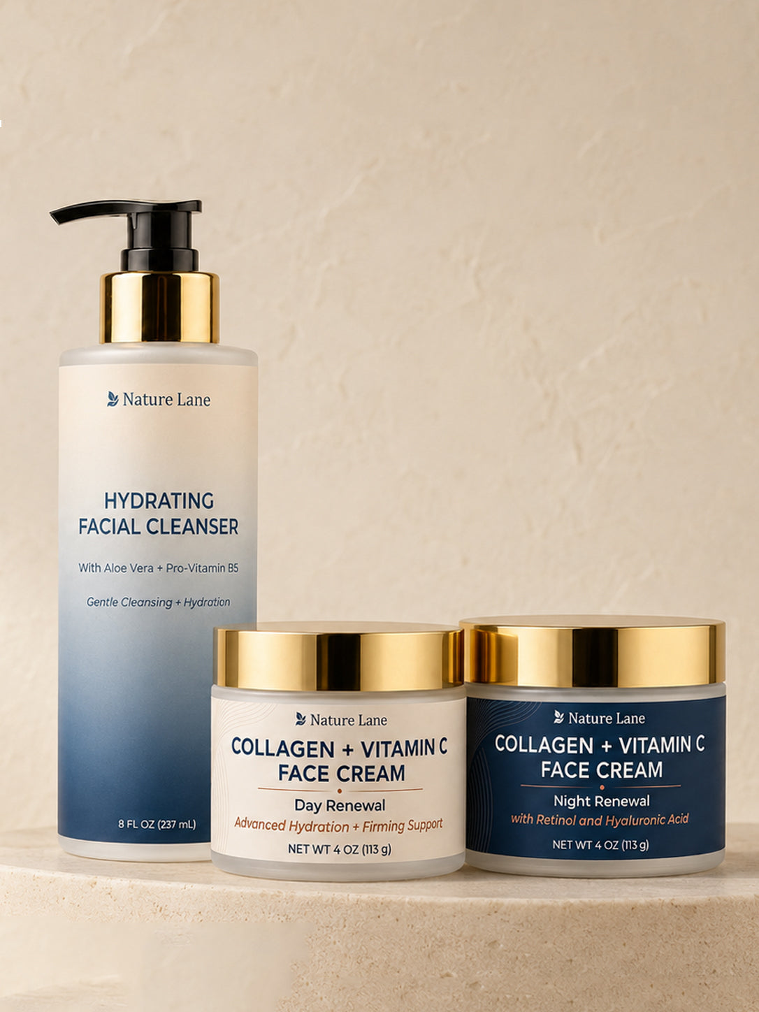 Two jars of Nature Lane Collagen Face Cream on a warm plaster surface