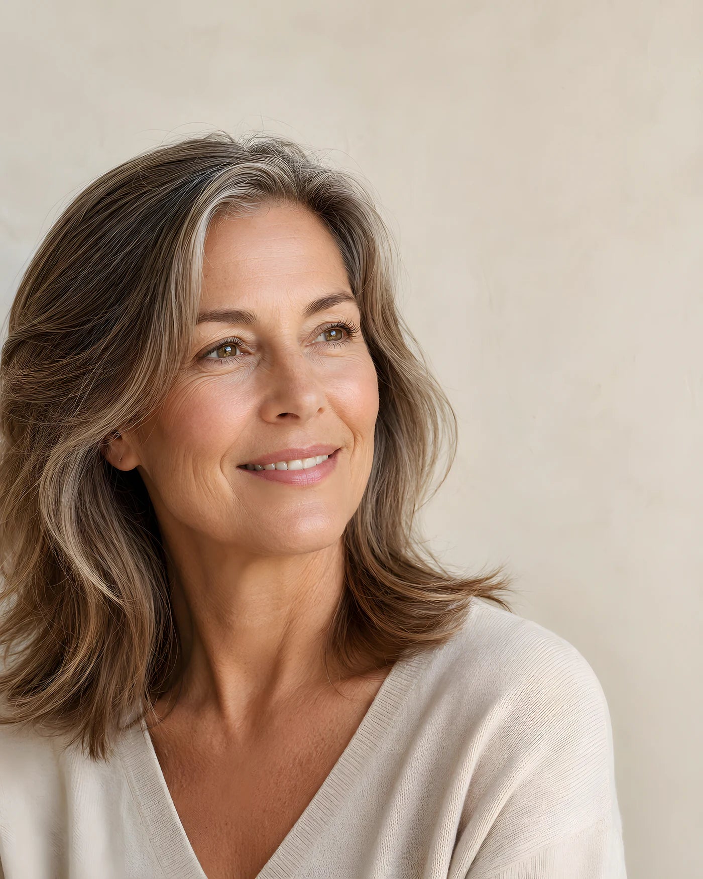 A woman in her fifties with softly lit, radiant skin